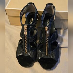 Michael Kors Black Mesh Berkley T Strap Heels with Gold Zipper Detail